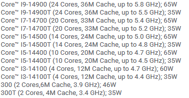 Intel 14代酷睿35W节能版定了！频率提升最多500MHz