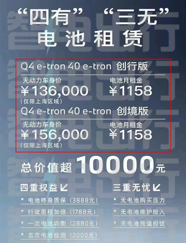 13.6万就能买奥迪Q4 e-tron 奥迪推“车电分离”服务